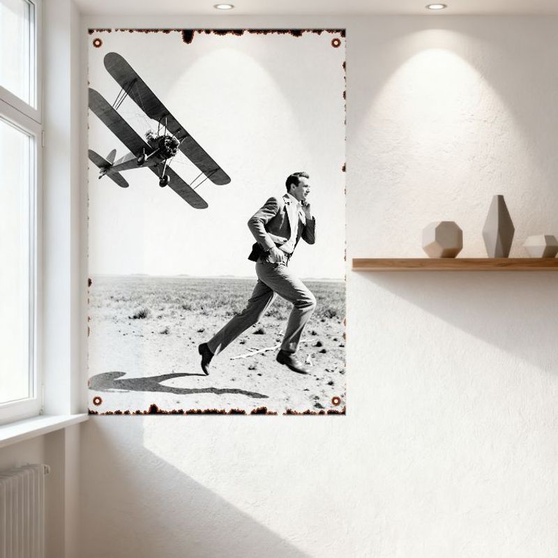 Vintage Retro Tin Sign Black & White Man In Suit Running with Biplane Pursuit Metal Plaque for Man Cave Home Bar Decor
