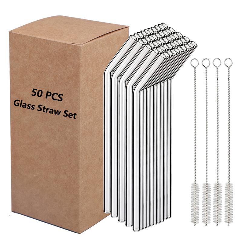 50Pcs Glass Straws Reusable Drinking Straws 8 Inch 8mm Bent Straight Glasses Tubes Straw for Coffee Tea Smoothie Juice Ice Drink