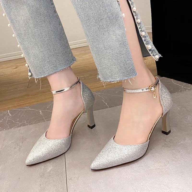 Fashion ZOKI Bling Gold Silver Women's Pumps 2024 Sexy Point Toe Thin Heel Party Wedding Shoes Woman Summer Ankle Strap High Heels Shoes