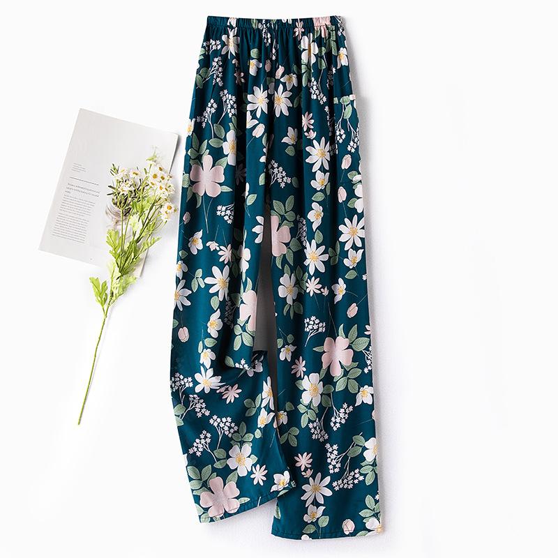 Pantaloni de pijama din bumbac mătase pentru femei, secțiune subțire de vară, anti-țânțari, pantaloni cu picior lat, culoare uni, pentru exterior, casă, petrecere a timpului liber, imprimeu, pantaloni de plajă până la genunchi