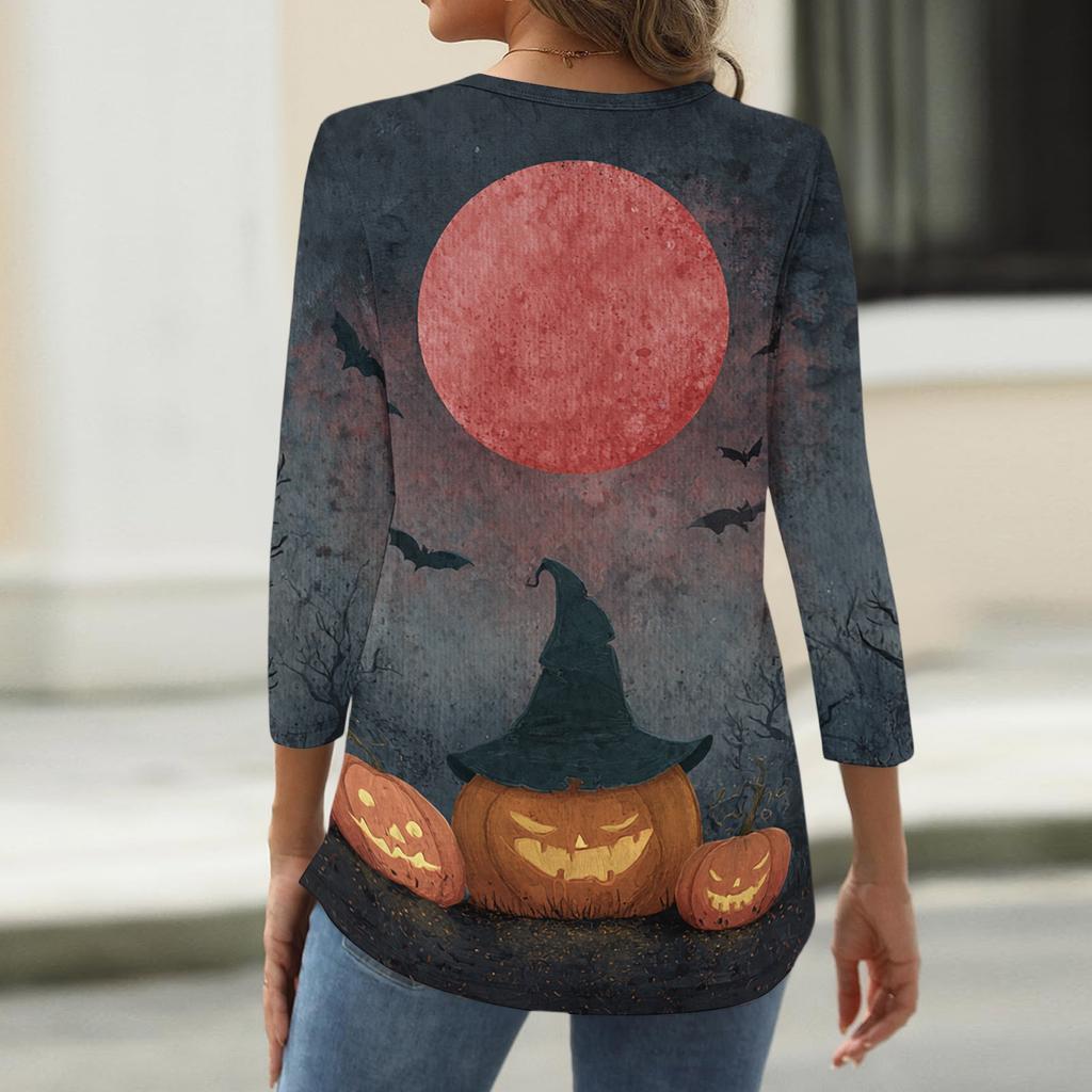 Women's Casual Halloween Print V Neck Button Front Three Quarter Sleeve T Shirt Top Lightweight Soft Fabric Comfortable Fit