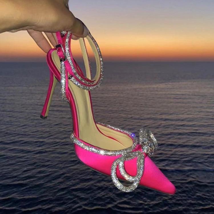 Summer Baotou Back Empty High-heeled Sandals Bow Rhinestone High-heeled Shoes European and American Design Sense Niche European and American Style De