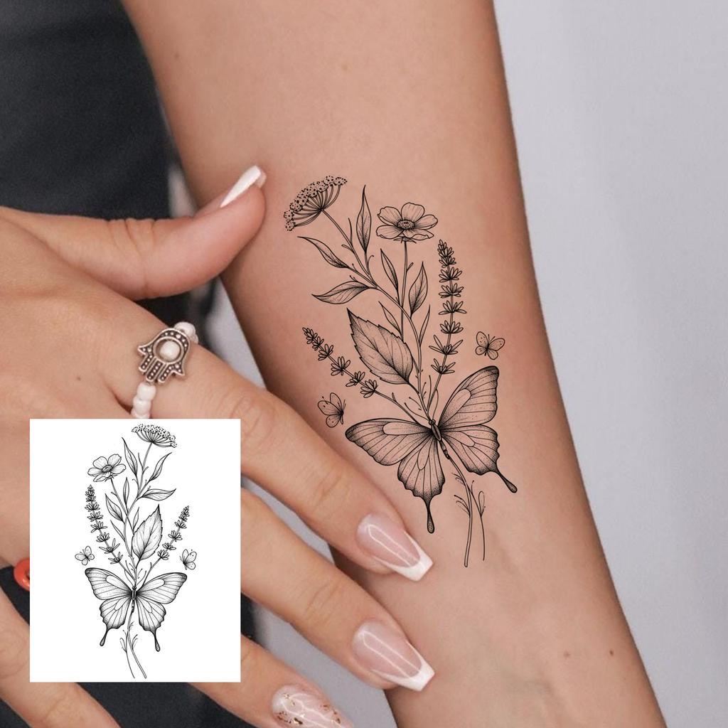 1 Sheet Rose Butterfly Flower Temporary Tattoos For Women Hand Arm, Fake Tattoo Sticker Waterproof Long Lasting Realistic Tatoos