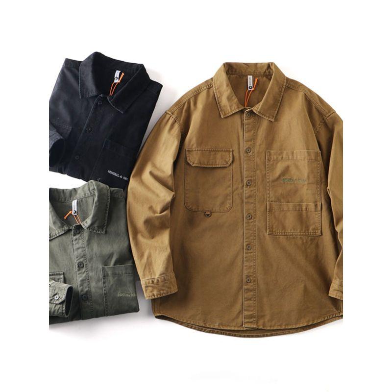 American vintage Heavy Pure Cotton Cargo Shirts Men's Autumn and Winter Long sleeve Outerwear Foreign Trade Cattle Goods Washed Casual Shirt
