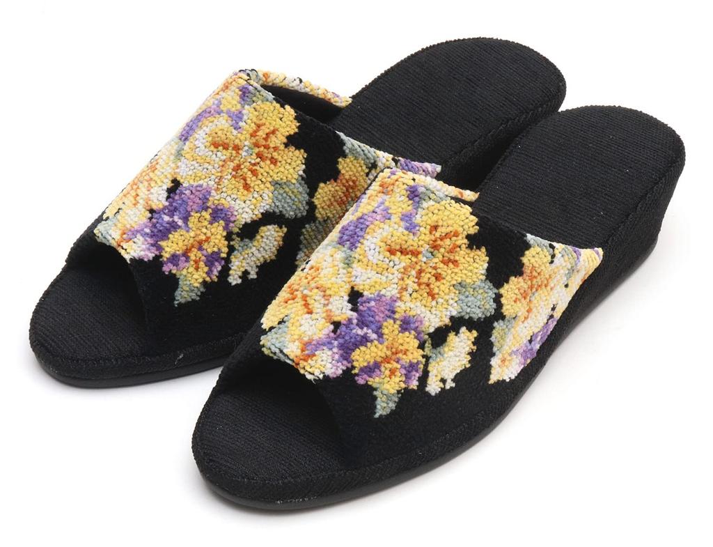 Made In Japan Chenille Pansy Print Pantaloon Slippers Room Heeled [Heeled Sandals, Shoes, Slippers] (Black)