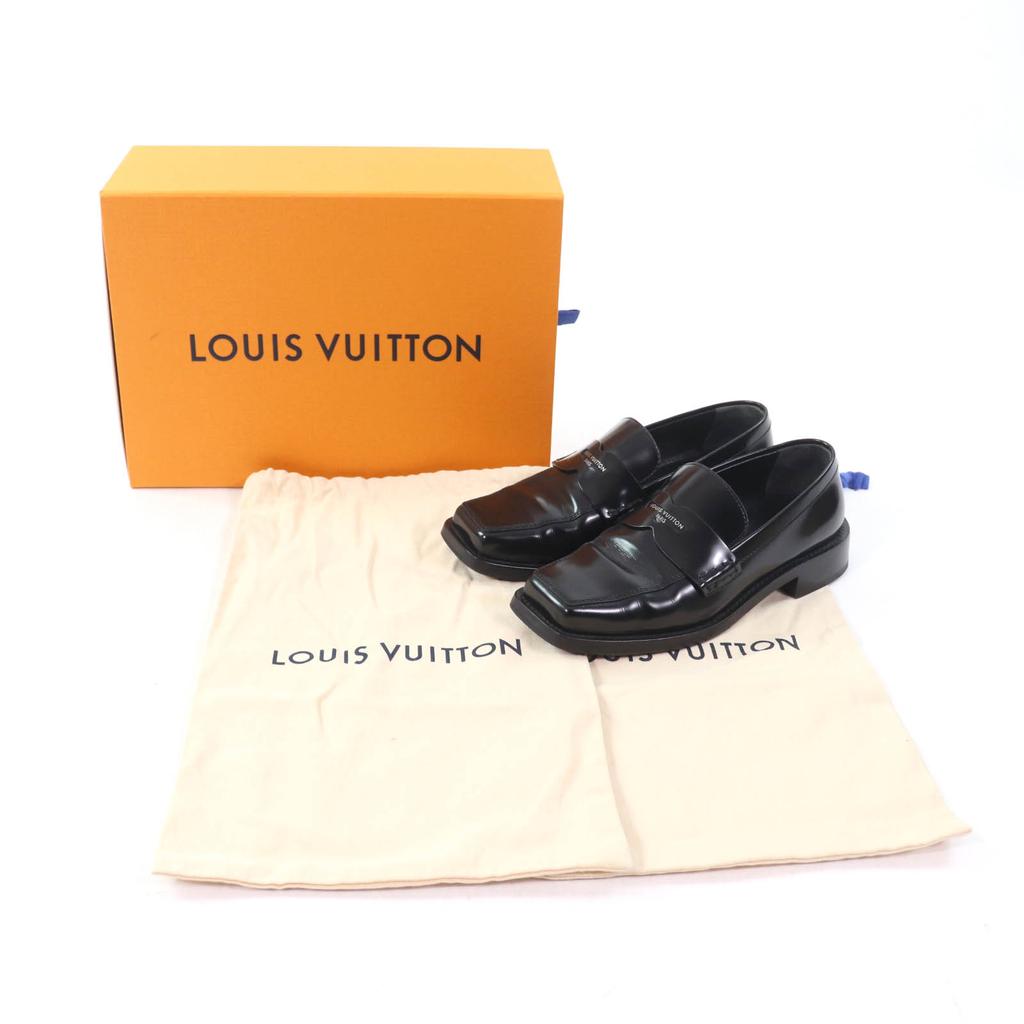 LOUIS VUITTON loafers Square toe leather penny loafers with logo leather 35.5 Used