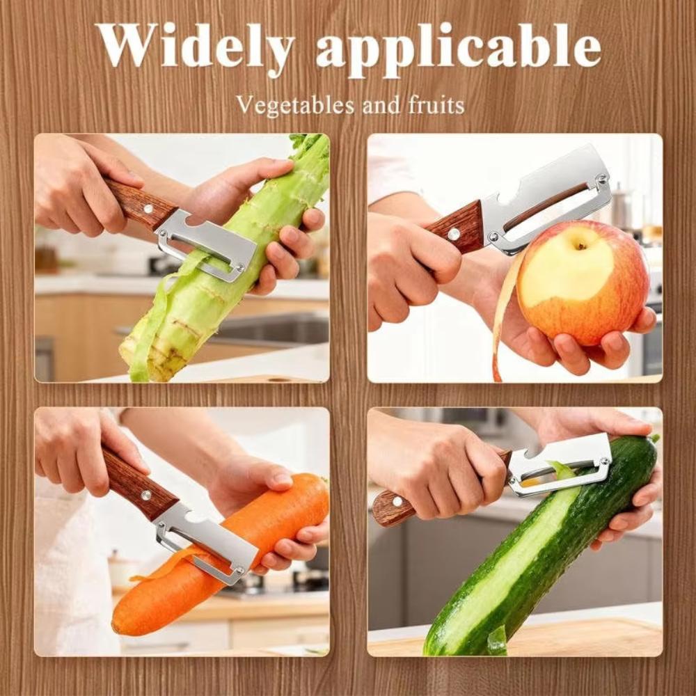 Premium Vegetable Peeler with Wooden Handle and Bottle Opener 2-in-1 Stainless Steel Kitchen Tool for Fruit Apple Potato Pumpkin