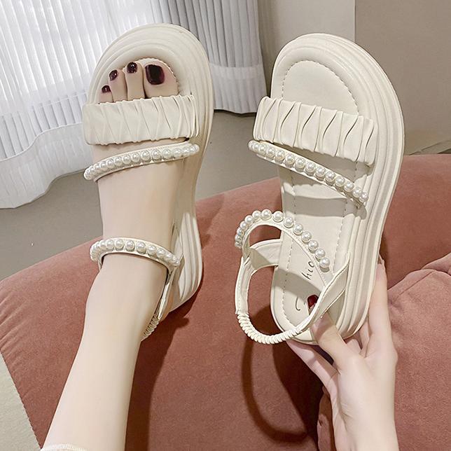 Taoffen Casual Sandals For Women Breathable Exposed Toes Pearl Sandals Lightweight Soft Elastic Band Thick Sole Height Increasing Shoes