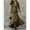 Damen Maxikleid mit Umlegekragen und langen Ärmeln, schmale Passform, mittlere Taille, asymmetrisches Kleid im Vintage-Stil
