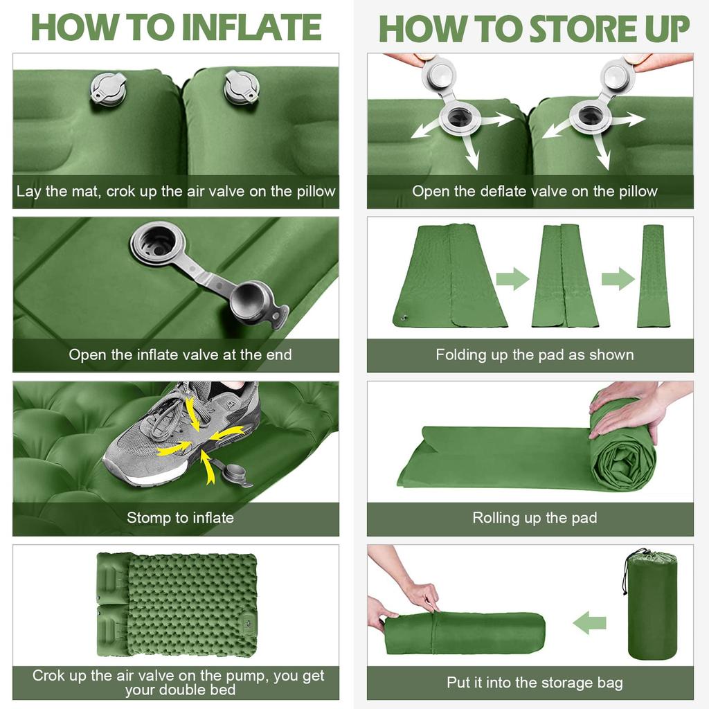 Double Sleeping Pad for 2 Person, Thick Inflatable Camping Mat with Built-in Foot Pump & Pillow, Compact Air Mattress for Hiking, Backpacking, Tent
