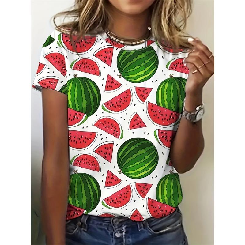 Summer Cool Watermelon Print Women's Short-sleeved Top Beach Vacation Casual Women's Fashionable T-shirt Urban Street Daily Top