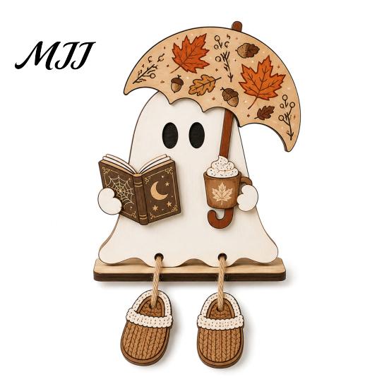Wooden Ghost Figurines for Fall Harvest Festival Ornament Autumn Home Desktop Decoration, Cute Atmosphere Accessories Halloween Tabletop Figurine with