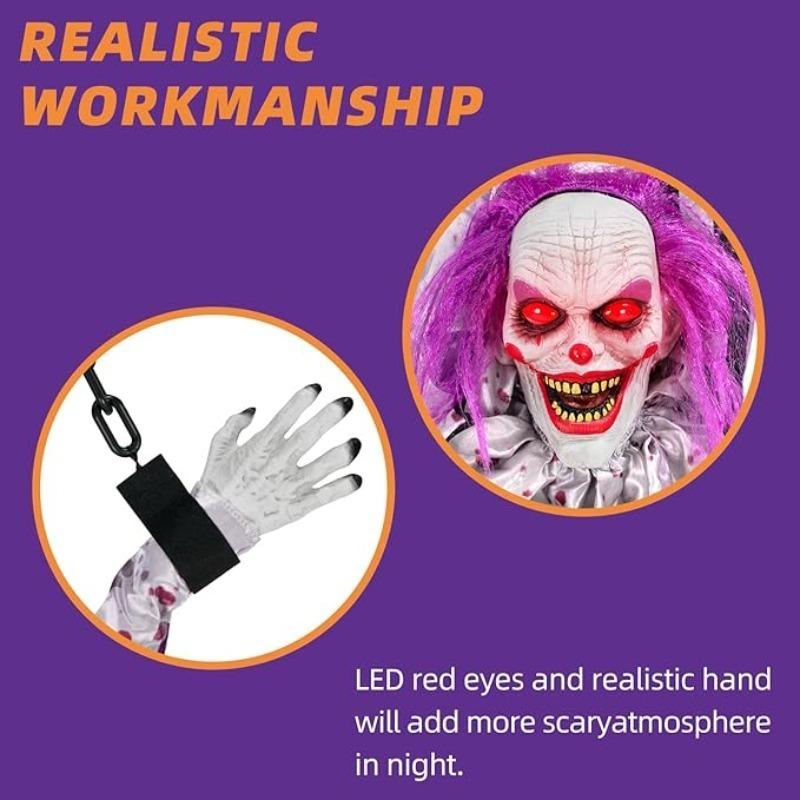 Halloween Animated Hanging Clown Motorized Shaking Body with Glowing Eyes and CreepySoundOutdoor Haunted House Horror Decoration