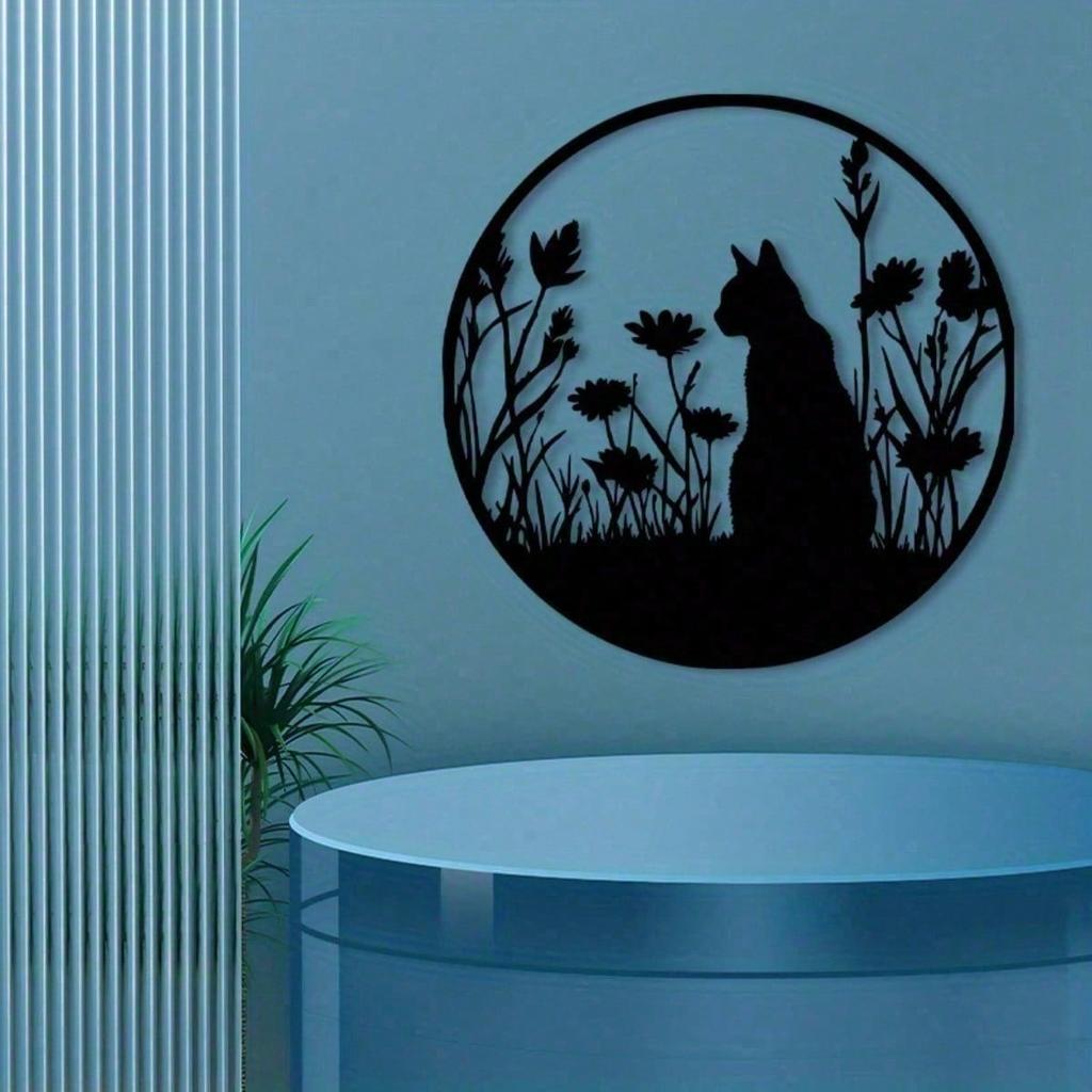 Vintage Metal Wall Art Tree of Life with Cat and Flowers Home Decor