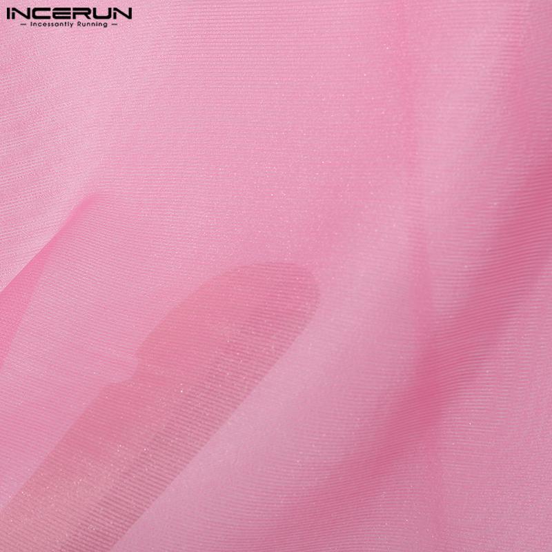 INCERUN Sommer Herren Stehkragen Kurzarm Mesh Sheer Patchwork T-Shirts