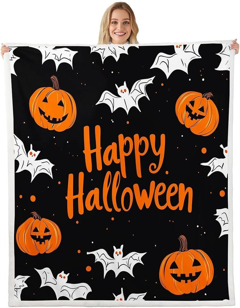 GUOYU Decke Happy Halloween Fleece-Decke Baby Kürbis Geist Feiertags Sherpa-Decke Gotische Fledermäuse Florale Pflanzen Flauschige Plüschdecke für Kinder