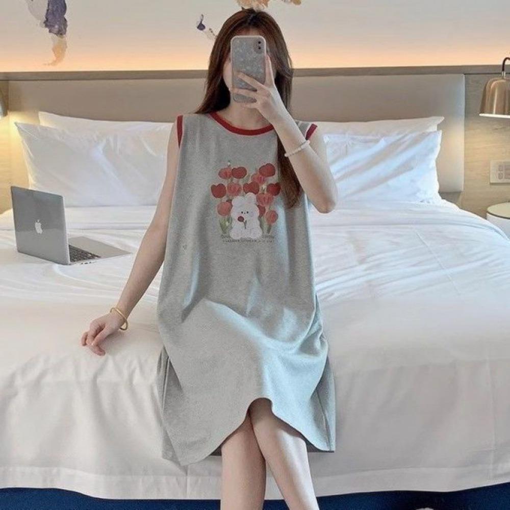 Summer Thin Large Size Loose Vest Nightgown New Sleeveless Cartoon Mid-length Home Clothing for Outdoor Wear