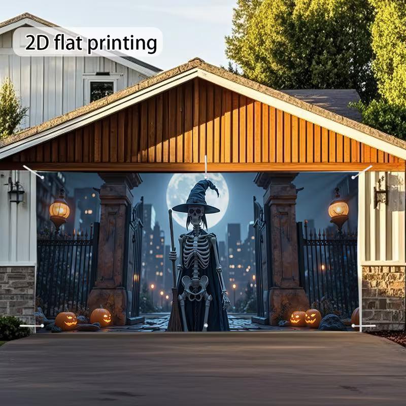 

2D Spooky Halloween Garage Door Banner with Skeleton Witch and Jack-O -Lanterns 47.2x31.5inch/120*80cm