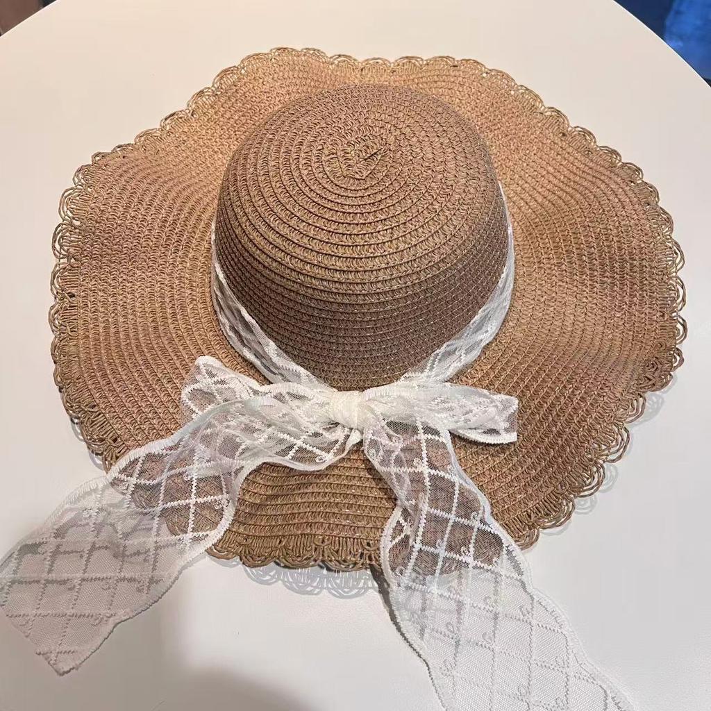 Bow lace straw hat sweet bucket hat summer seaside big brim vacation wind sunscreen sun hat