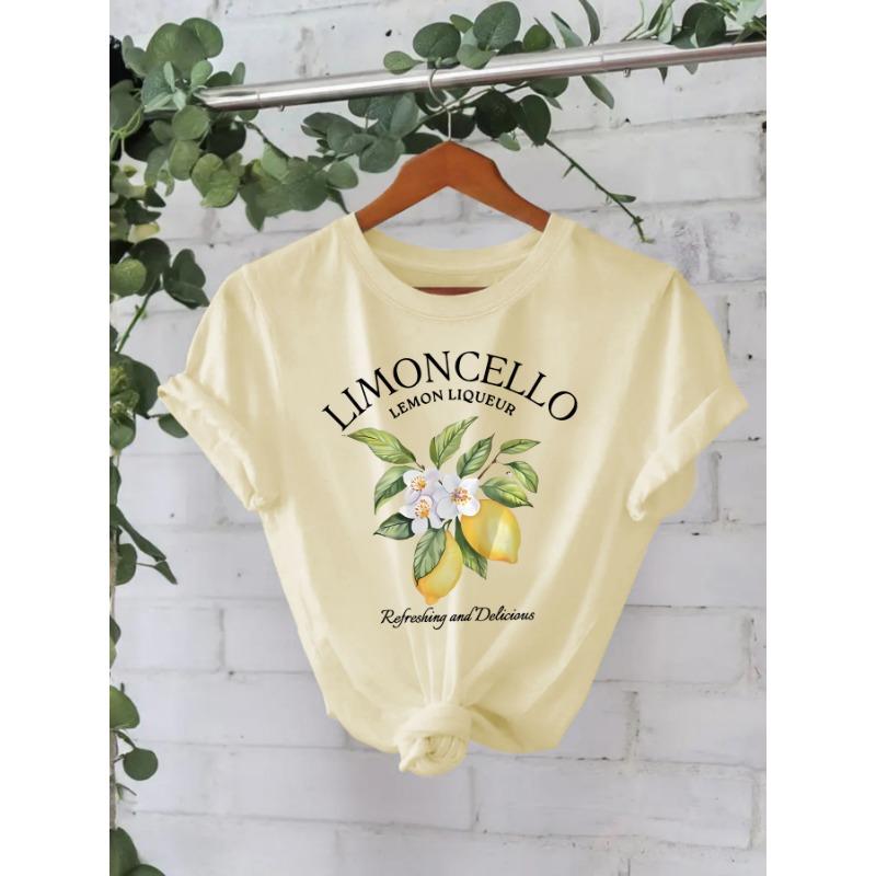 

Летняя футболка из чистого хлопка с короткими рукавами и круглым вырезом с принтом лимонного узора M абрикосовый