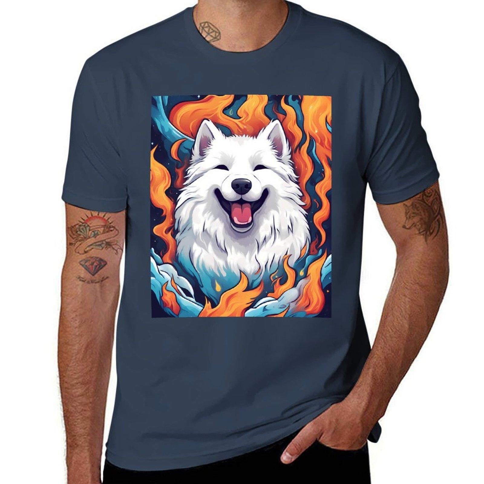 Samoyed Dog Portrait Vivid Flame Aura Tshirt Trendy Pattern Tshirt For Unisex S