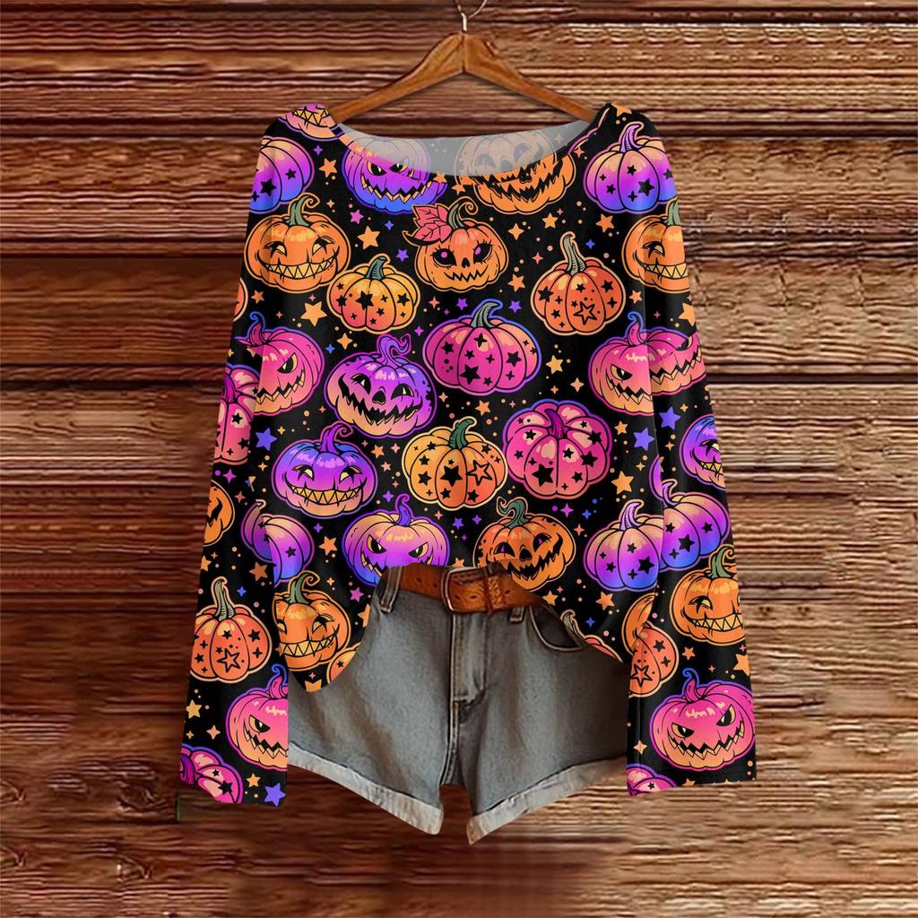 Koszulki z długim rękawem dla kobiet z nadrukiem graficznym Bluzki Casual Plus Size Podstawowe topy Pulower