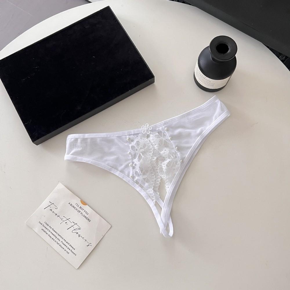 Low Waist Lace Flower Briefs Women Pearl Decor Mesh T Panties Sheer Mesh Lace Thong  Home