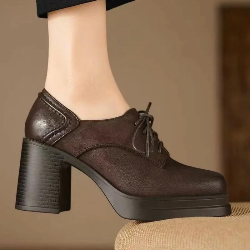 Pointed Toe Office and Career Women's Loafers Lace-up Fashion 2024 Hot Sale Ladies Shoes New Solid Heels Women Zapatos Mujer