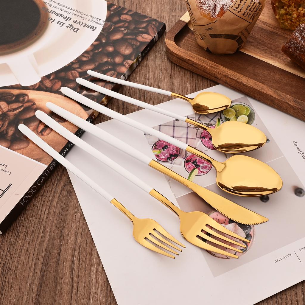 White Gold 30Pcs Dinnerware Set Knife Dessert Fork Spoon Tableware Cutlery Set 18/10 Stainless Steel Flatware Silverware Sets