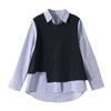 Splicing Fake Two-piece Striped Blouse Womens Long-sleeved Latest Relaxed Fit and Thin Top