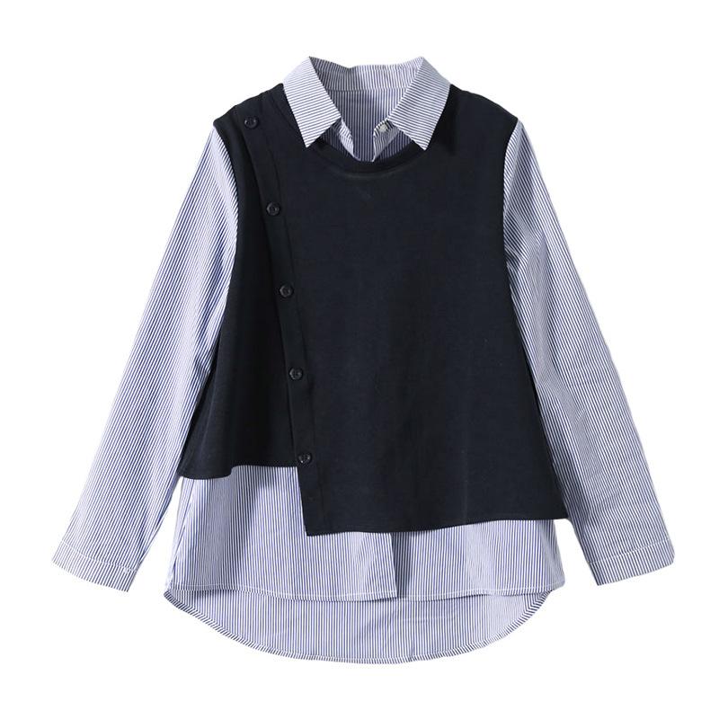 Splicing Fake Two-piece Striped Blouse Womens Long-sleeved Latest Relaxed Fit and Thin Top