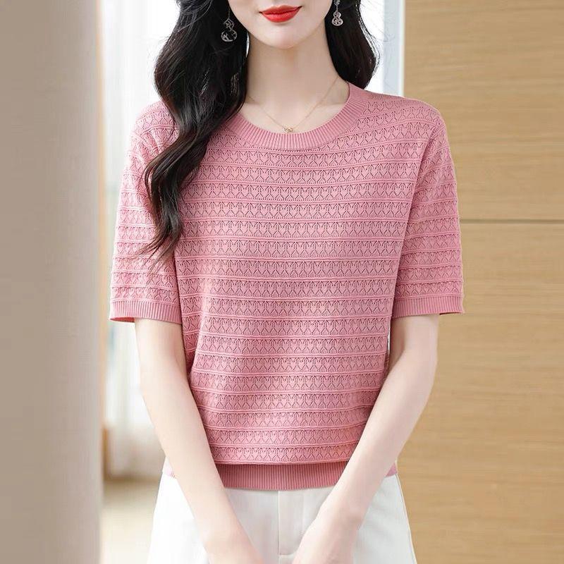 Dámské letní pletené tričko s krátkým rukávem plus velikost s kulatým výstřihem volný pletený top