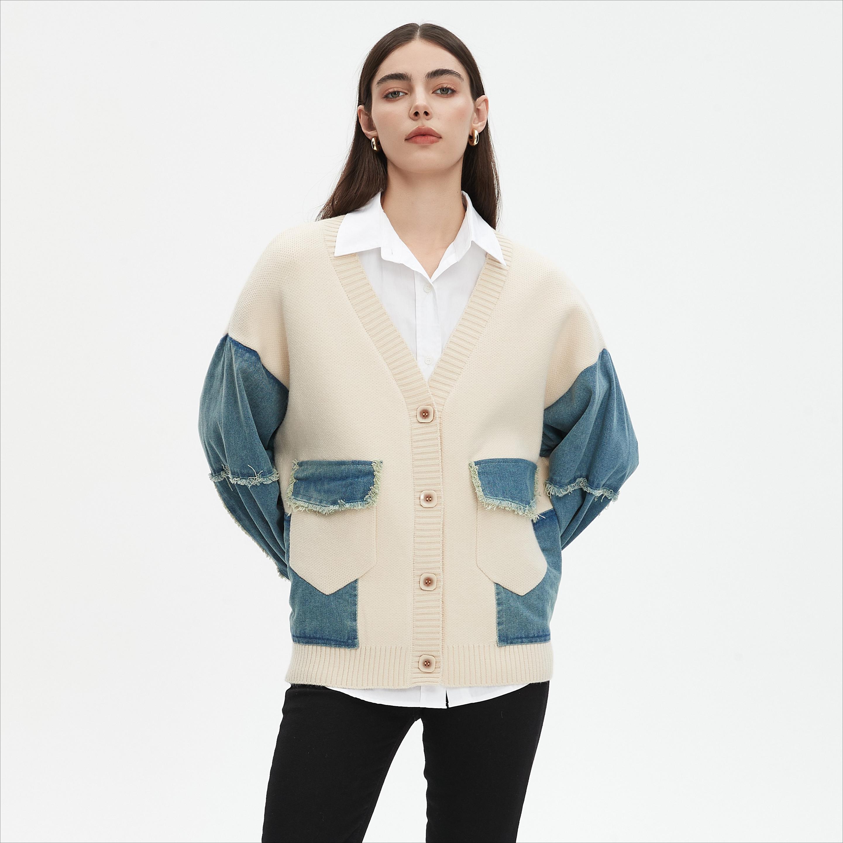 

Dimanaf 2025 Новая женская осенняя куртка, свитера, пальто, пэчворк, джинсовое пальто, вязаный свитер с карманами One Size