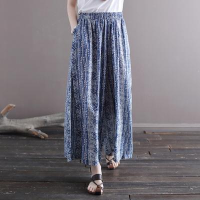 Summer Thin Style Artistic Cotton Linen Wide Leg Floral Ethnic Style Loose Elastic Waist Pants Straight Leg Pants for Women Trousers Women’s