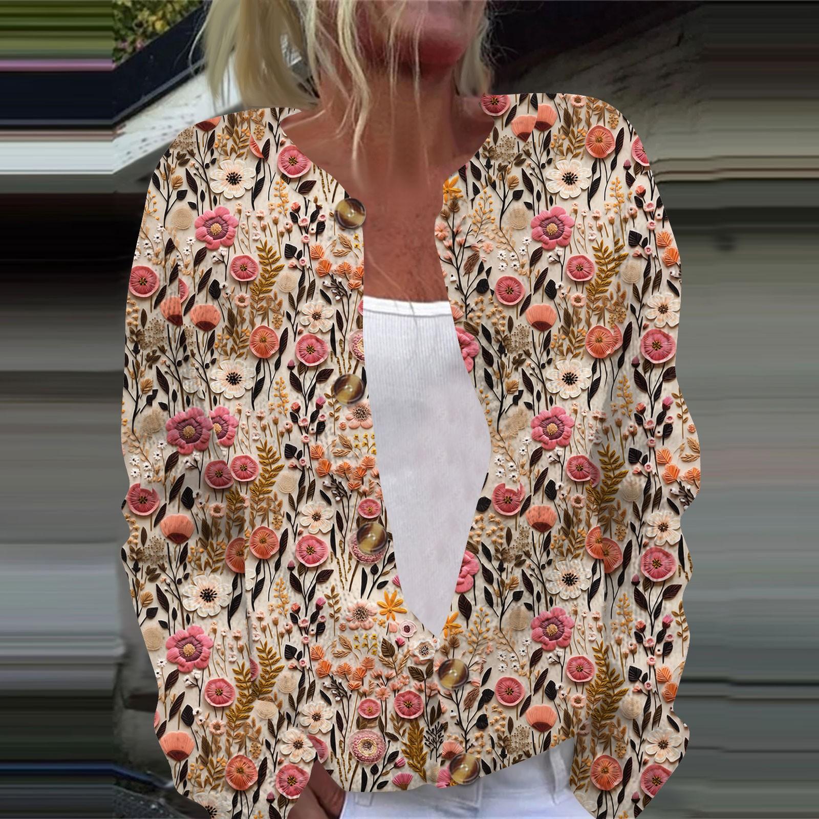 

Женская повседневная мода ретро цветочный принт длинный рукав кардиган куртка на пуговицах XL розовый