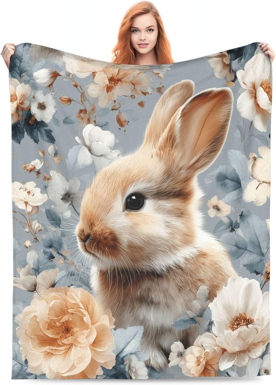 Niedliche Frühlings-Blumen-Hase-Decke Gemütliche Ästhetik Schoßdecke für Wohnzimmer Heimdekoration Saisonales Geschenk 100x130cm39x51in