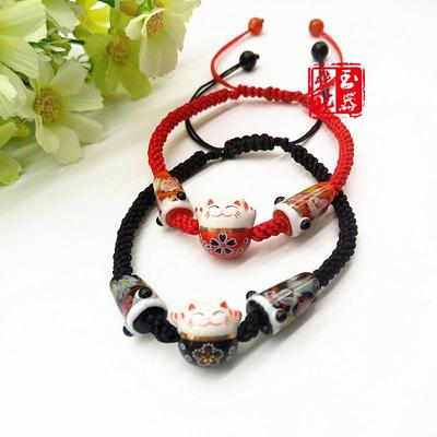 Handmade Ceramic Cat Zodiac Bracelet - Red String Unisex Ethnic Style with Carp Streamer Design