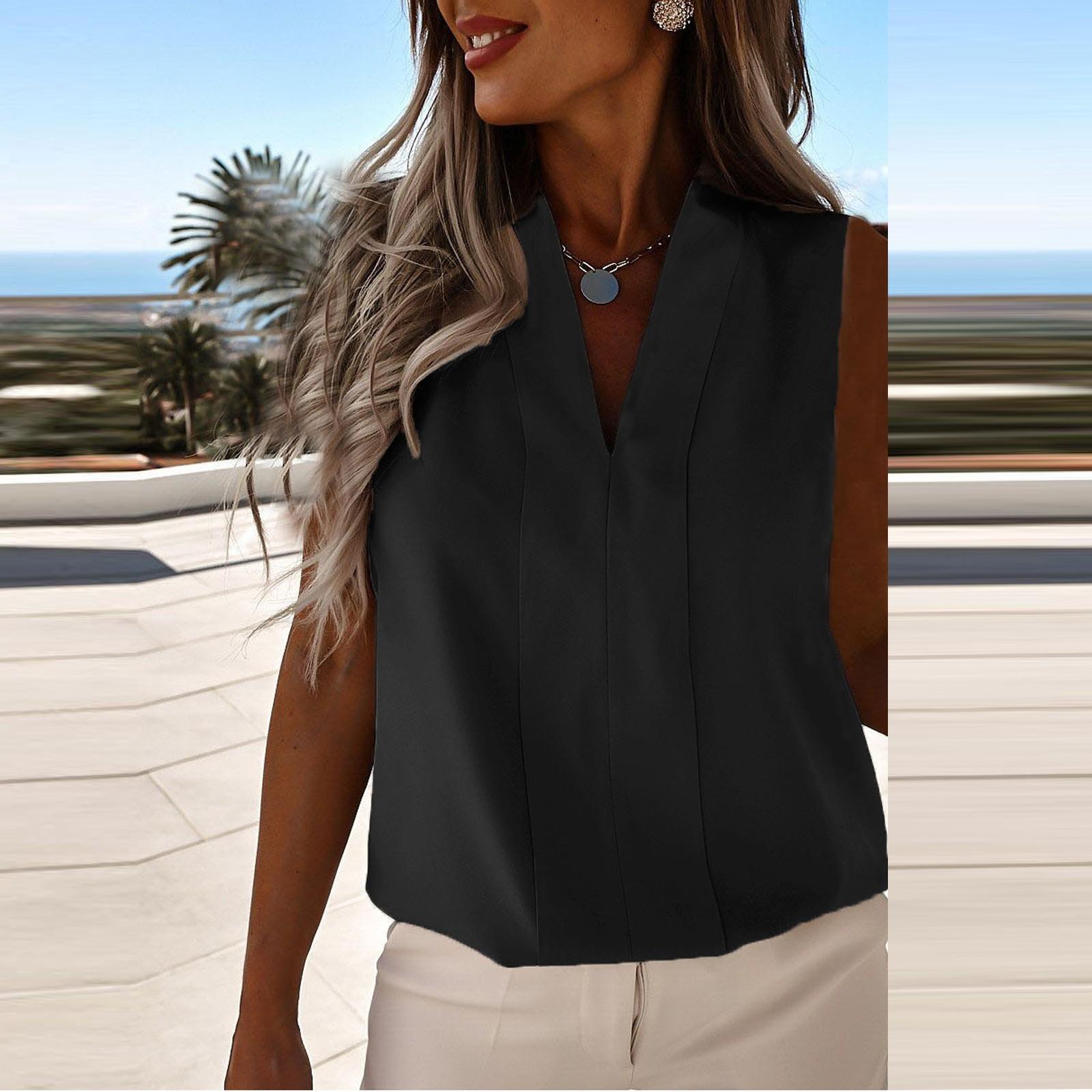 

Women s Casual Fashion Slim Solid Color V-neck Sleeveless Chiffon Shirt Tops L чорний