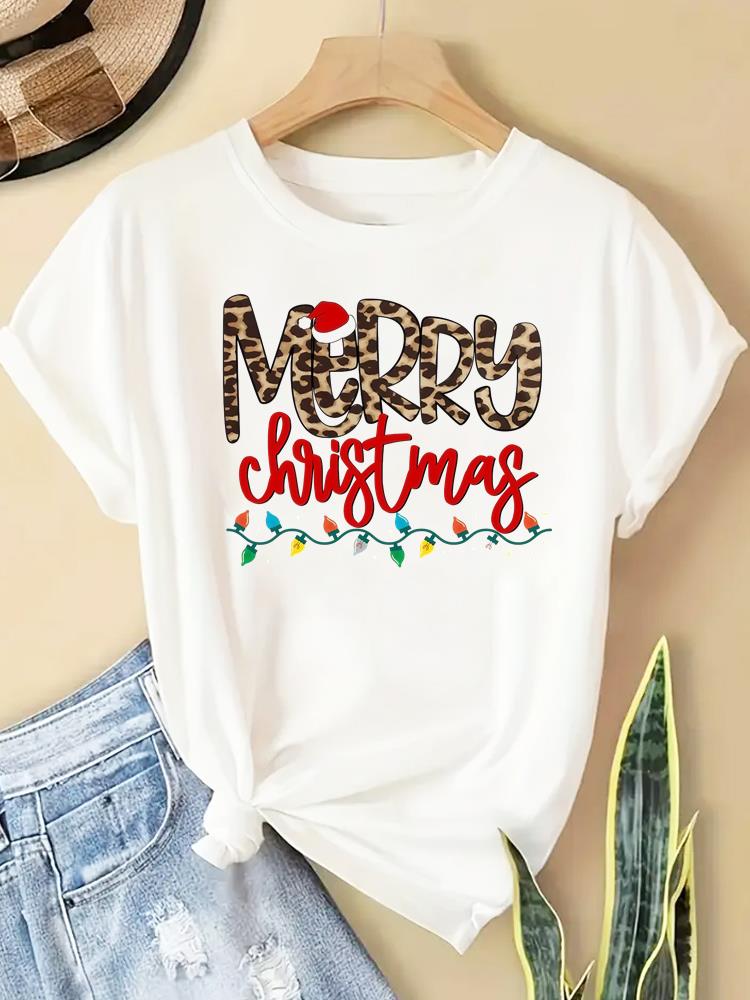 (Asian Size) New Year T Clothing Short Sleeve T-shirts  Print Merry Christmas Letter 90s Trend Cute O-neck Women's Top Fashion Holiday Graphic Tee