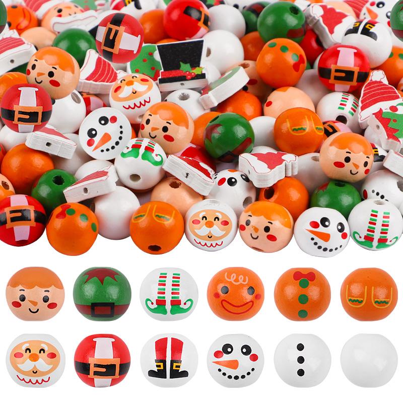 48/80Pcs DIY Christmas Wooden Beads Set Santa Snowman Elf Garland Xmas Tree Hanging Pendants New Year Party Home Decoration Gift