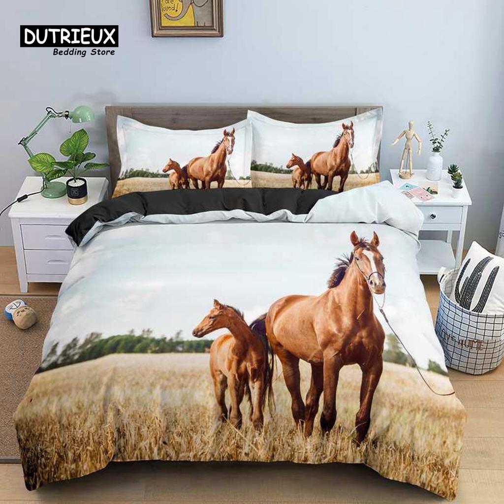 Horse Duvet Cover 3D Steed Farm Animal Comforter Cover Polyester Exotic Style Western Cowboys Bedding Set Twin For Kids Boy Teen
