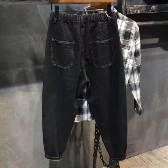 Herre Haremsjeans Elastisk midje Justerbare snøringer Glidelås med knappgylf Denimbukser med lommer Ensfarget Vid