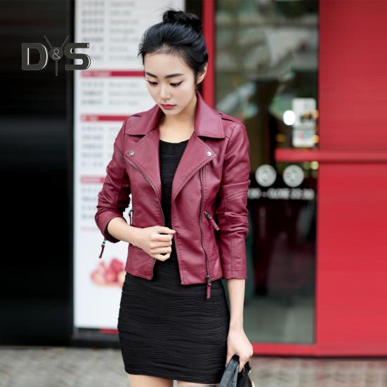 Women Spring Fall Coat Faux Leather Turn-down Collar Zipper Pockets Windproof Zip-up Solid Color Plus Size Long Sleeves Motorcycle Jacket