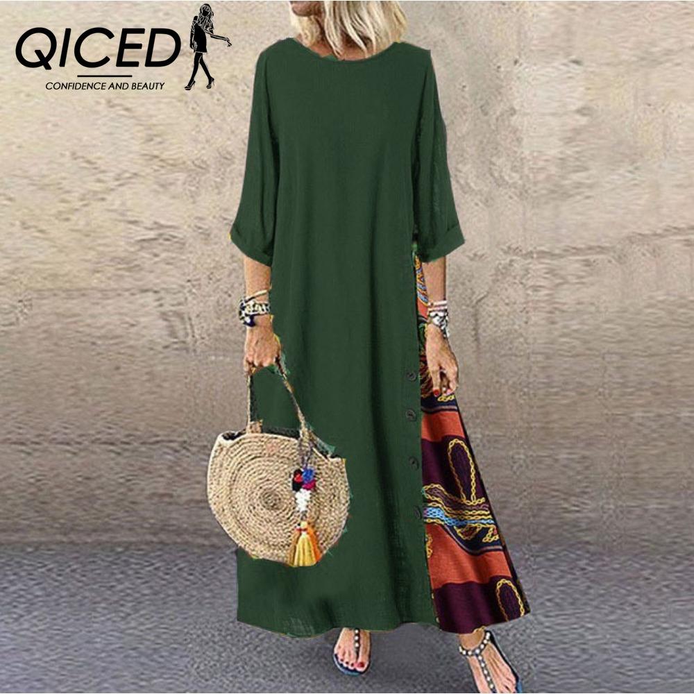 QICED 12 color Women Fashion Casual Loose Long Sleeve Floral Print Party Maxi Dress Plus Size Vestidos Longos Robe