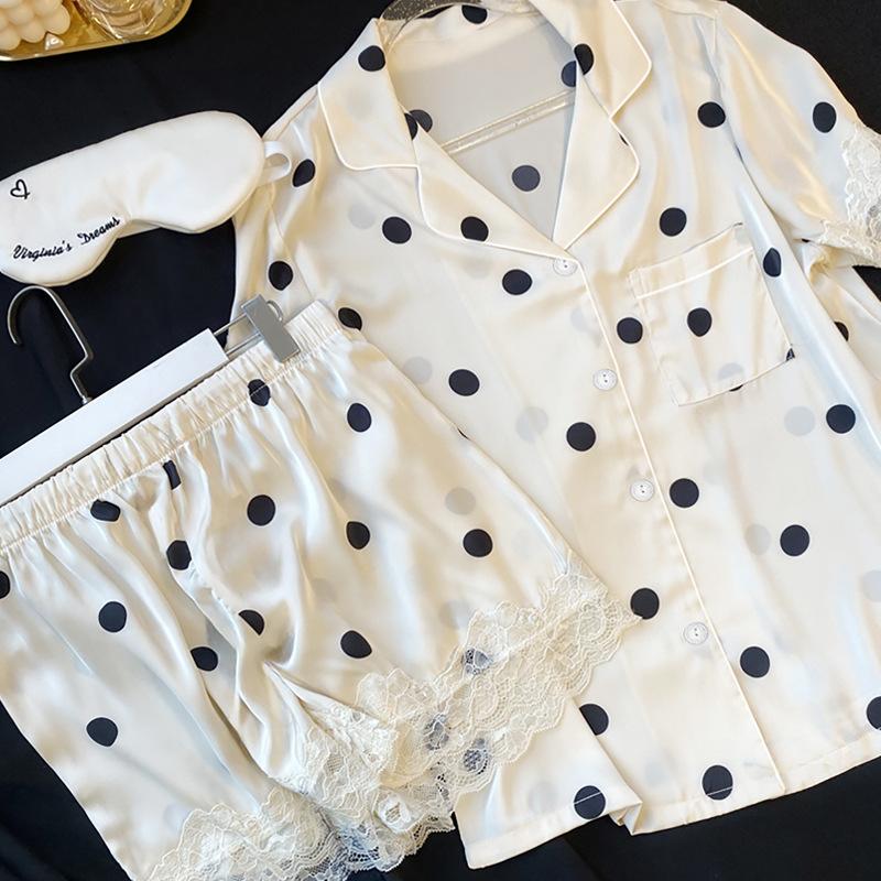 French High-Value Short-Sleeved Pajamas Women'S Summer Polka Dot Lace Edge Ice Silk Satin Loungewear Set