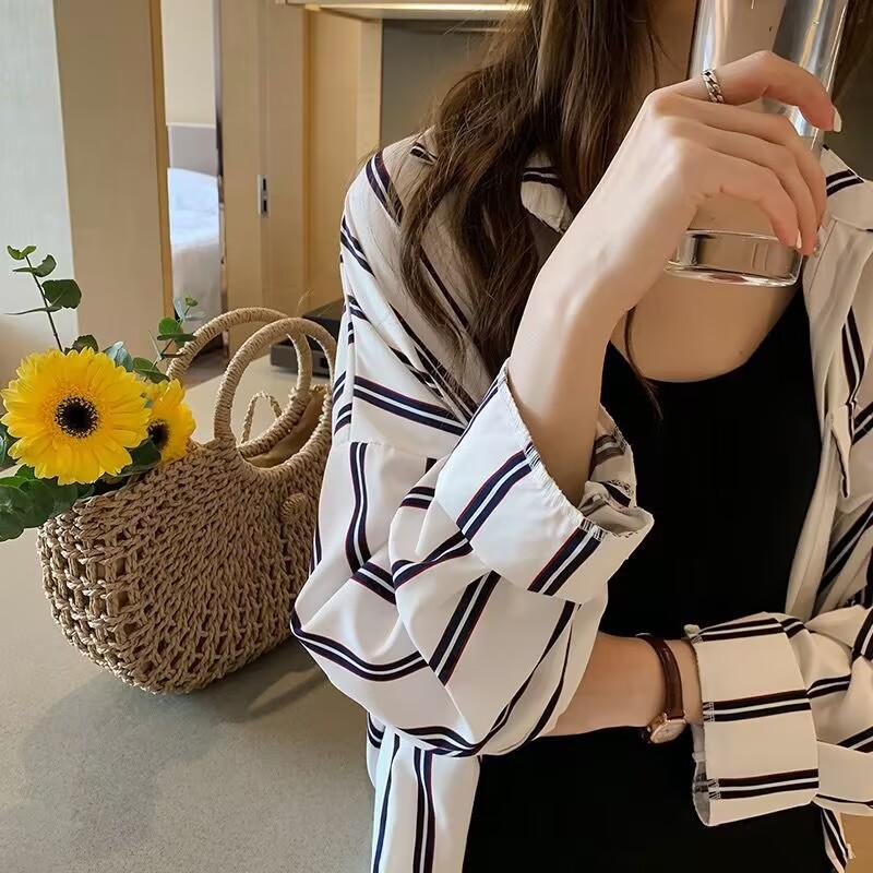 Korean Chic Loose Long Sleeved Striped Shirt for Women In Spring and Summer Slim and Medium Length Shirt Jacket