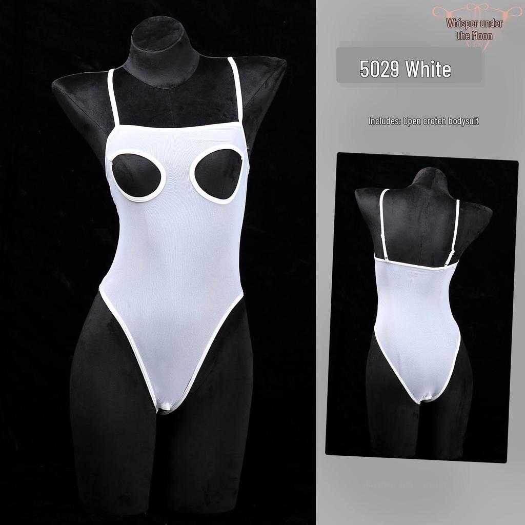 Sheer Mesh Open-Cup Garter Bodysuit with Open Crotch