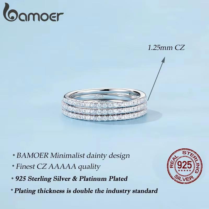BAMOER Pierścionek Stackable z Białe Złoto Platerowane Litym Srebrem 925 z Symulowanym Diamentem CZ Pierścionki Eternity dla Kobiet