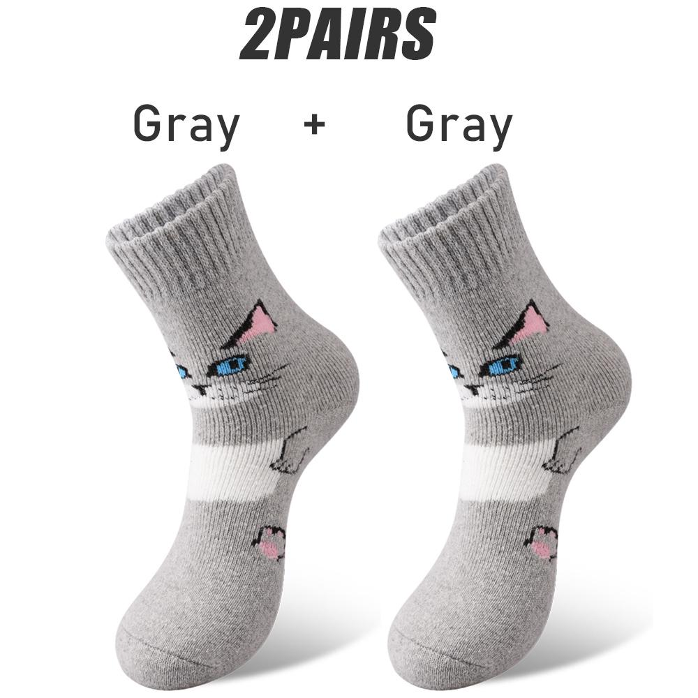 2Pairs Cartoon Cat Wool Socks for Women Thick Soft Warm Mid Tube Socks Winter Fleece Terry Loop Socks Outdoor Sports Gray