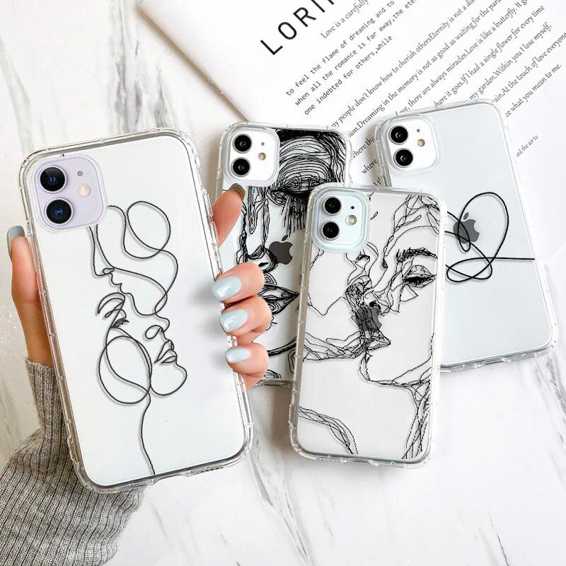 For iPhone 15 16 Pro Max Case For iPhone 11 13 14 Pro Max 13 12 Mini 7 8 XR XS X SE 3 Abstract Line Face Aesthetic Phone Cover